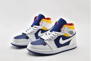 Air Jordan 1 Mid Blue White Yellow 554724 131 Womens And Mens Shoes  